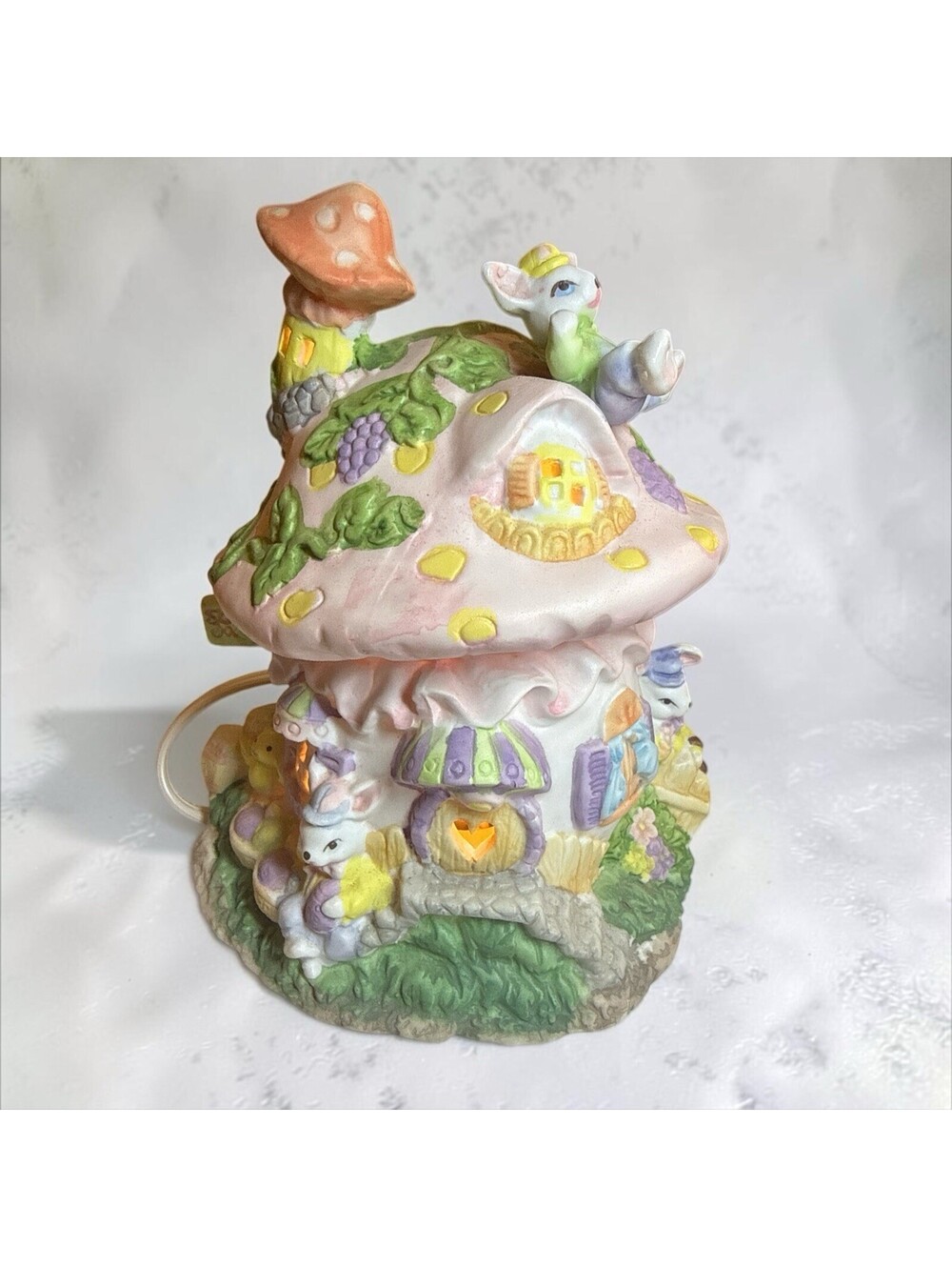 Ceramic Mushroom House Bunny Night Light Pastel Whimsical Fairy Lamp Easter 6.5"